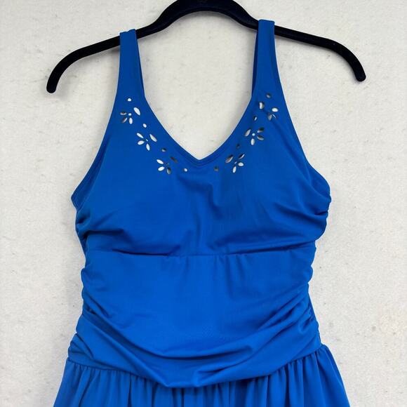 Denim & Co Beach Swim Dress Size 6 Blue Laser Cut One Piece Swimsuit - Picture 2 of 13